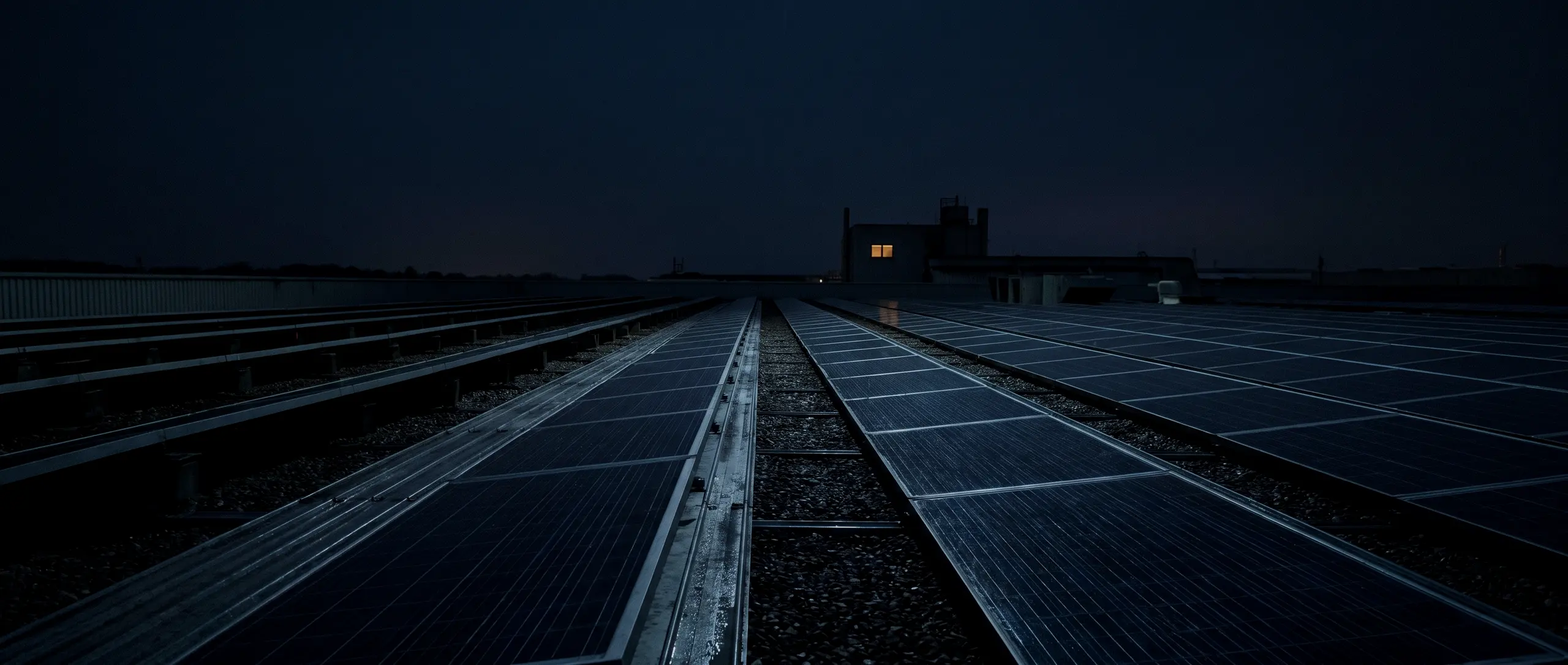 Toiture industrielle au crépuscule, rangées de panneaux photovoltaïques